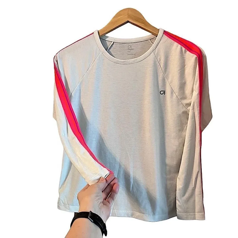 🌴 GapFit Tape Long Sleeve Tee Ivory Frost Girls Large Orange & Fuscia Stripe